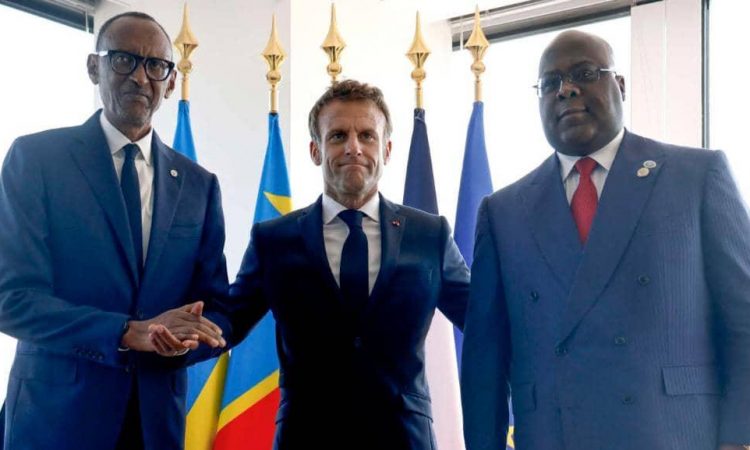 Présidents Paul Kagame, Felix Tshisekedi et Emmanuel Macron. Photo crédit tiers
