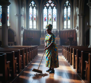 Photo d'une femme en plein travail d'entretien dans l'Eglise