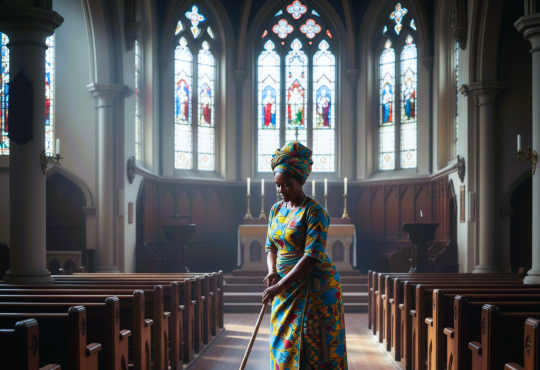 Photo d'une femme en plein travail d'entretien dans l'Eglise